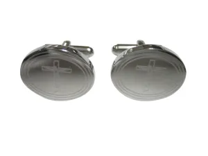 Silver Toned Etched Oval Religious Crucifix Cross Cufflinks