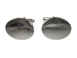 Silver Toned Etched Oval Triple Religious Cross Cufflinks