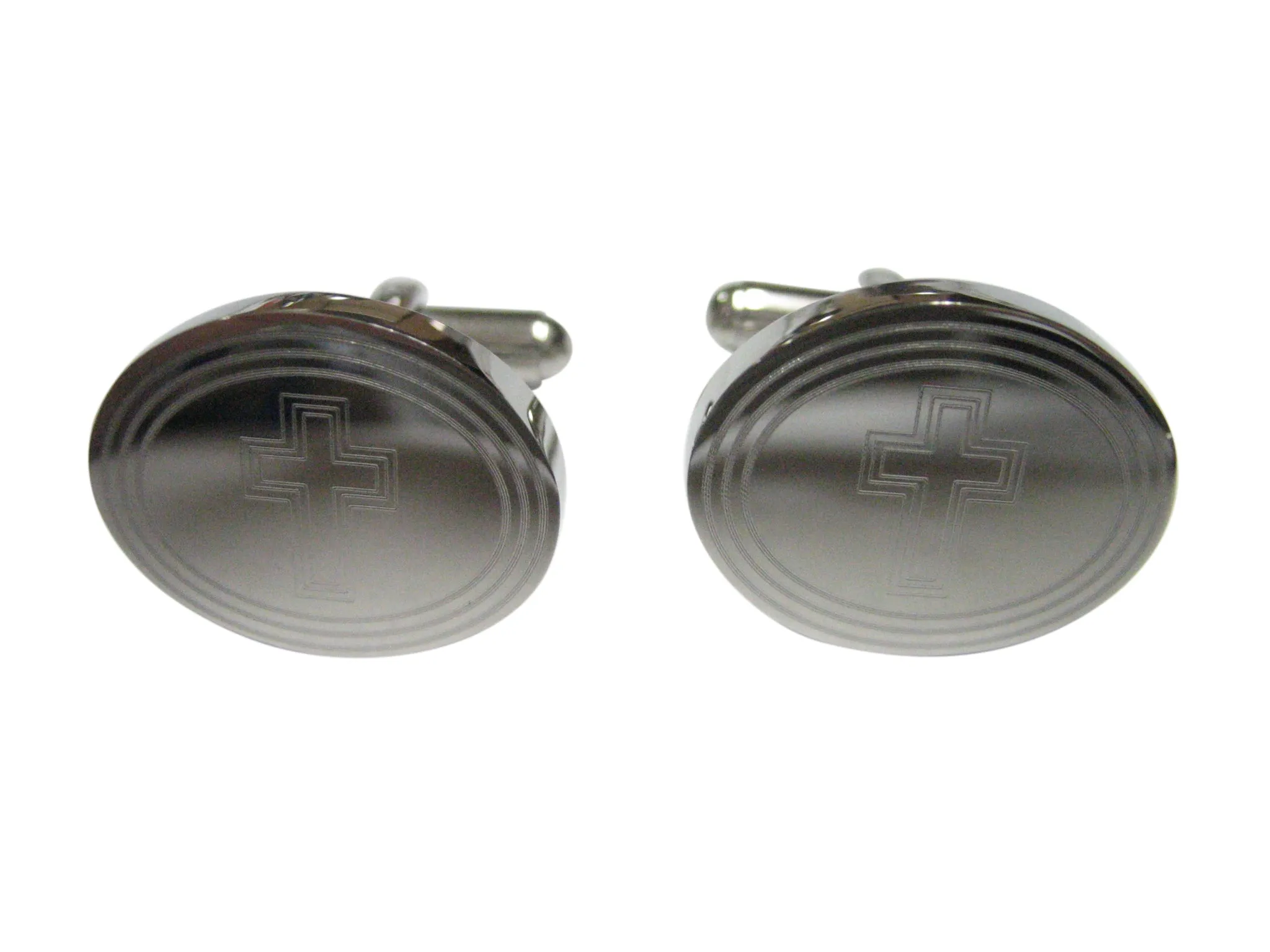 Silver Toned Etched Oval Triple Religious Cross Cufflinks