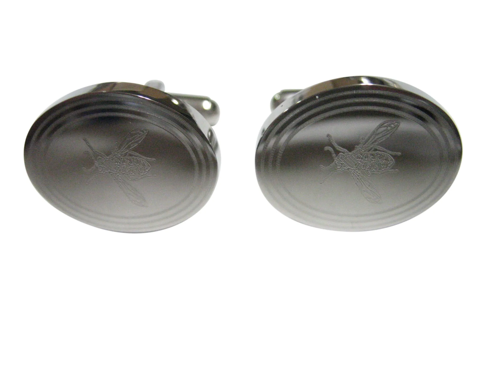 Silver Toned Etched Oval Wasp Insect Cufflinks