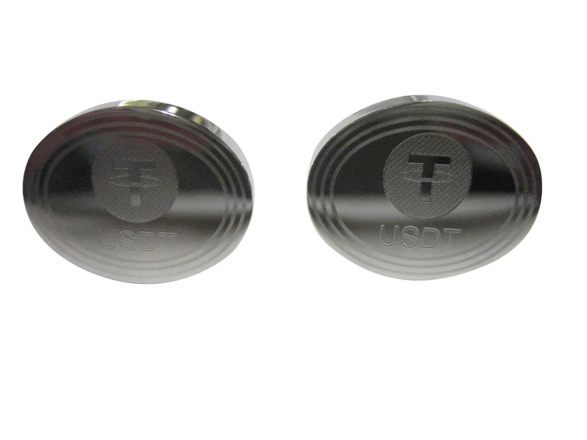 Silver Toned Oval Etched Tether Coin Cryptocurrency Blockchain Cufflinks