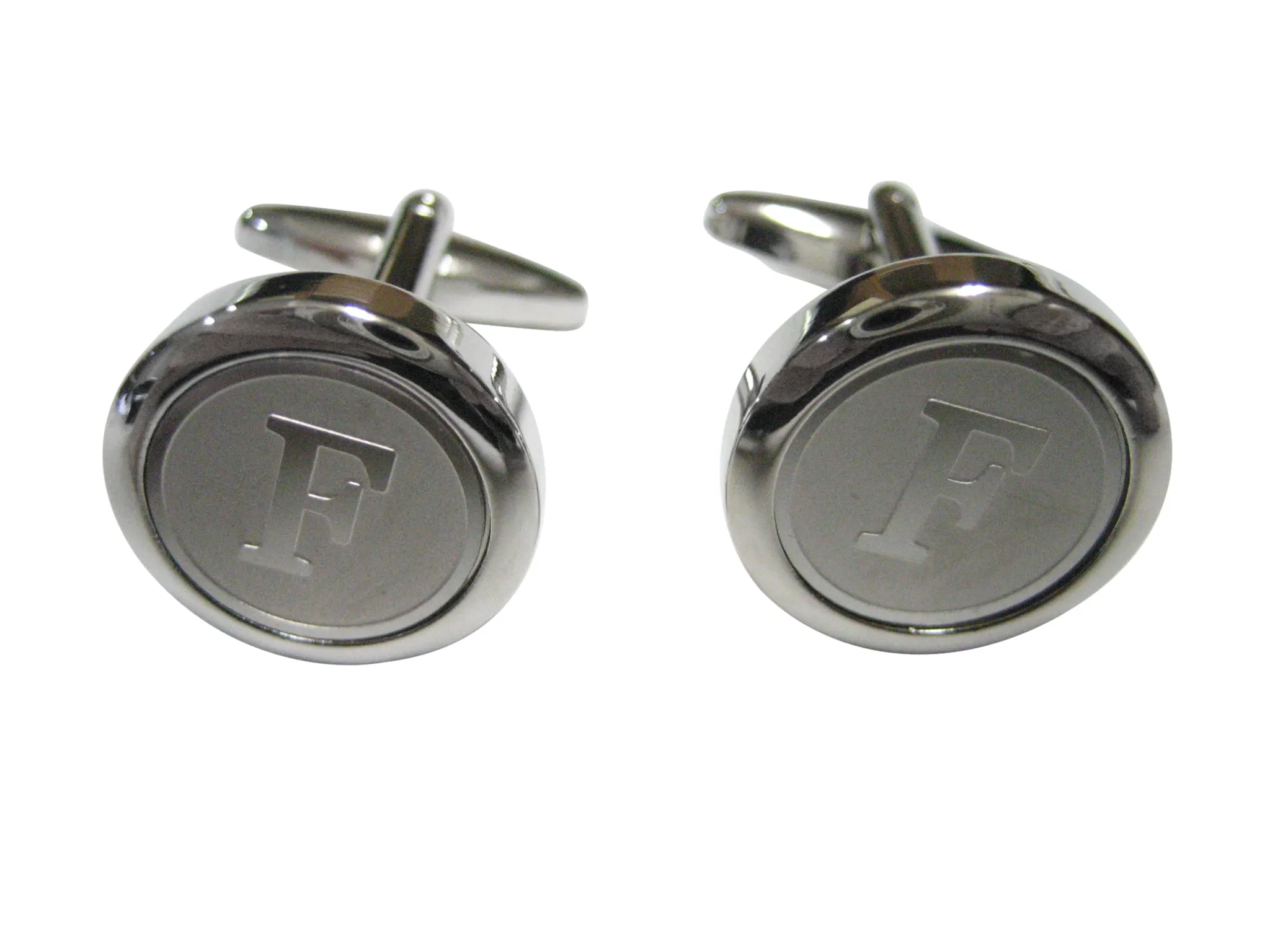 Silver Toned Round Letter F Monogram Cufflinks