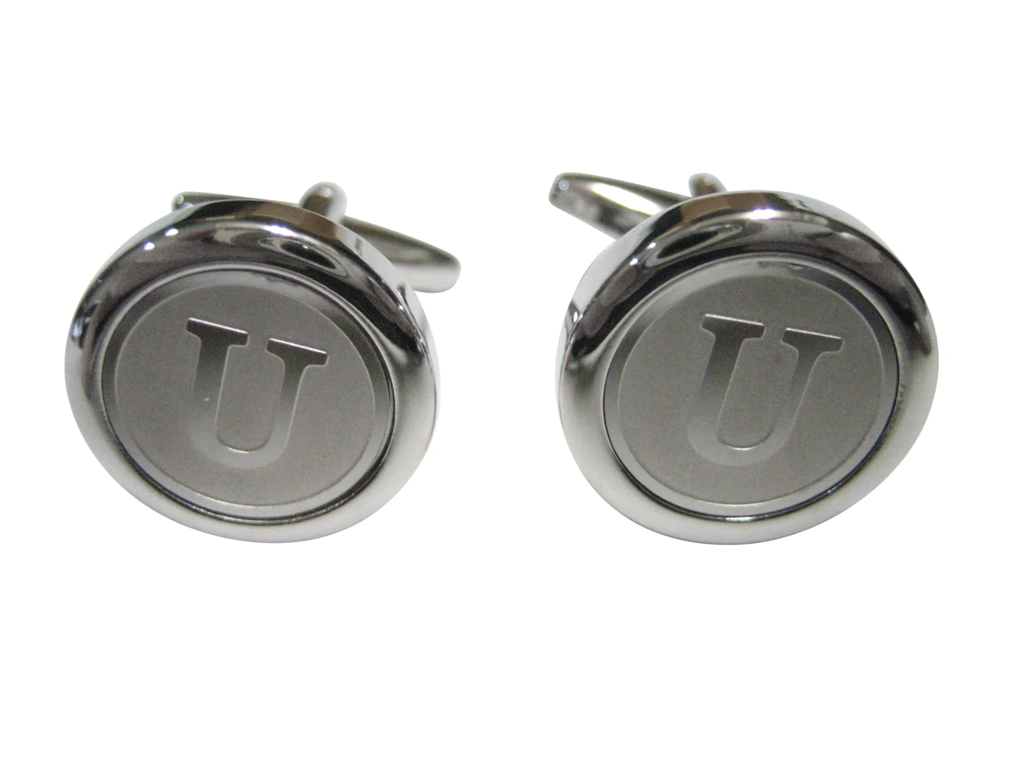 Silver Toned Round Letter U Monogram Cufflinks