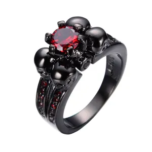 Skull Red Stone and Black Gold CZ Engagement Ring