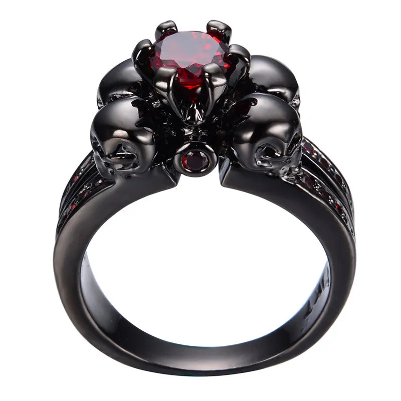 Skull Red Stone and Black Gold CZ Engagement Ring