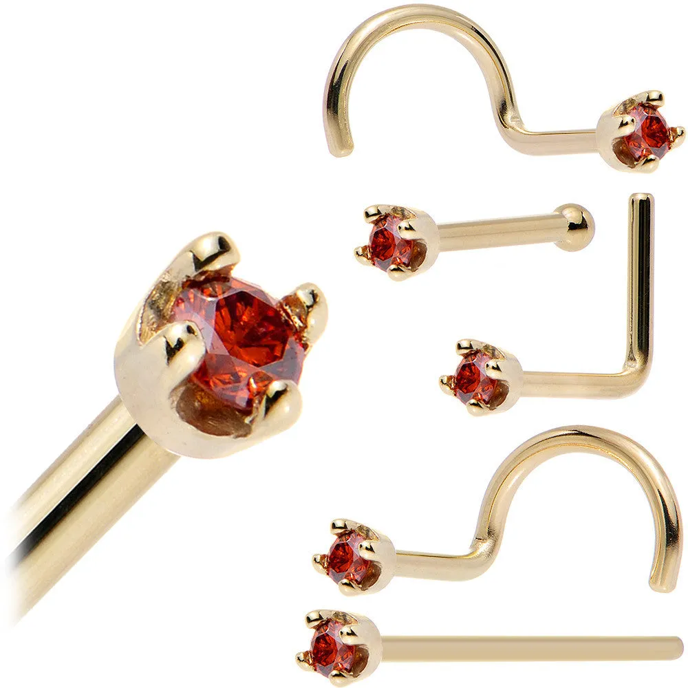 Solid 14KT Yellow Gold (January) 1.5mm Genuine Red Diamond Nose Ring