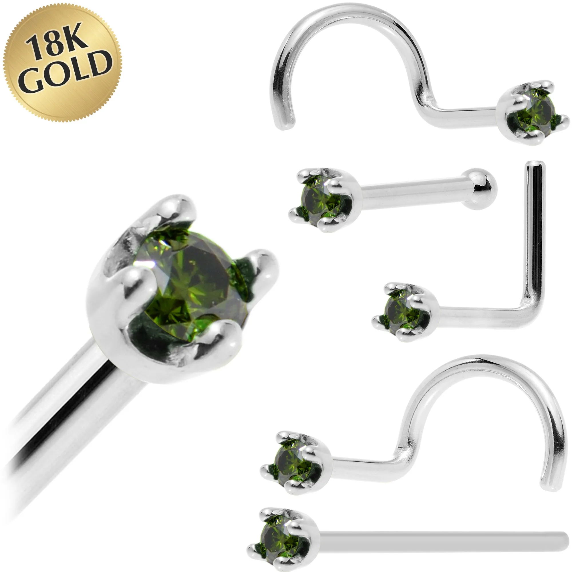 Solid 18KT White Gold (May) 1.5mm Genuine Green Diamond Nose Ring