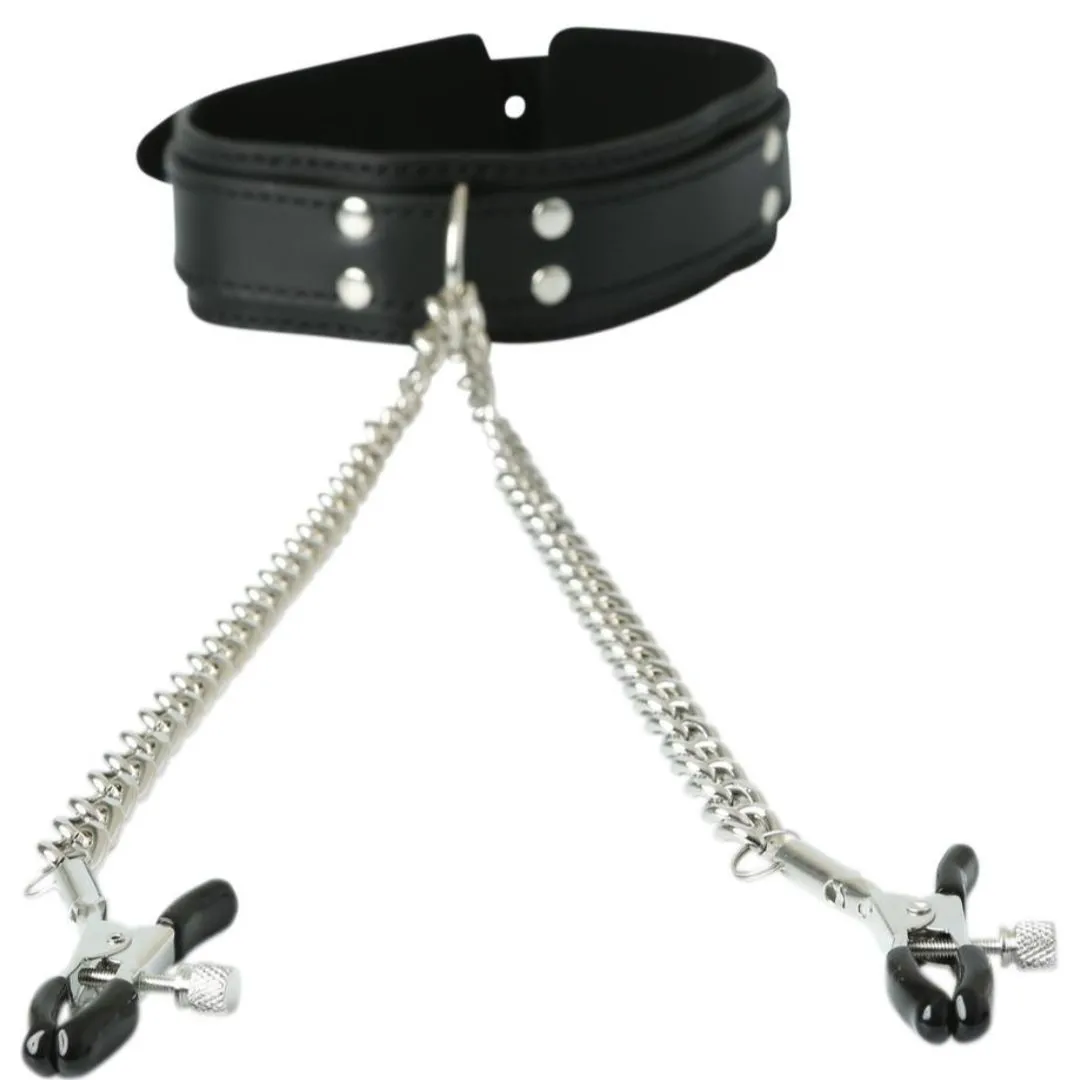 Sportsheets Vegan Leather Collar with Nipple Clamps