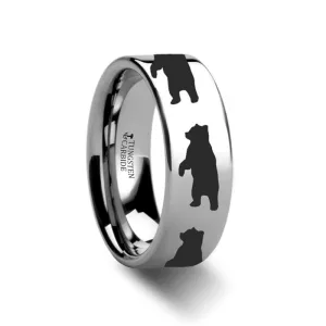 Standing Bear Print Animal Design Flat Tungsten Wedding Band for Men and Women - 4MM - 12MM