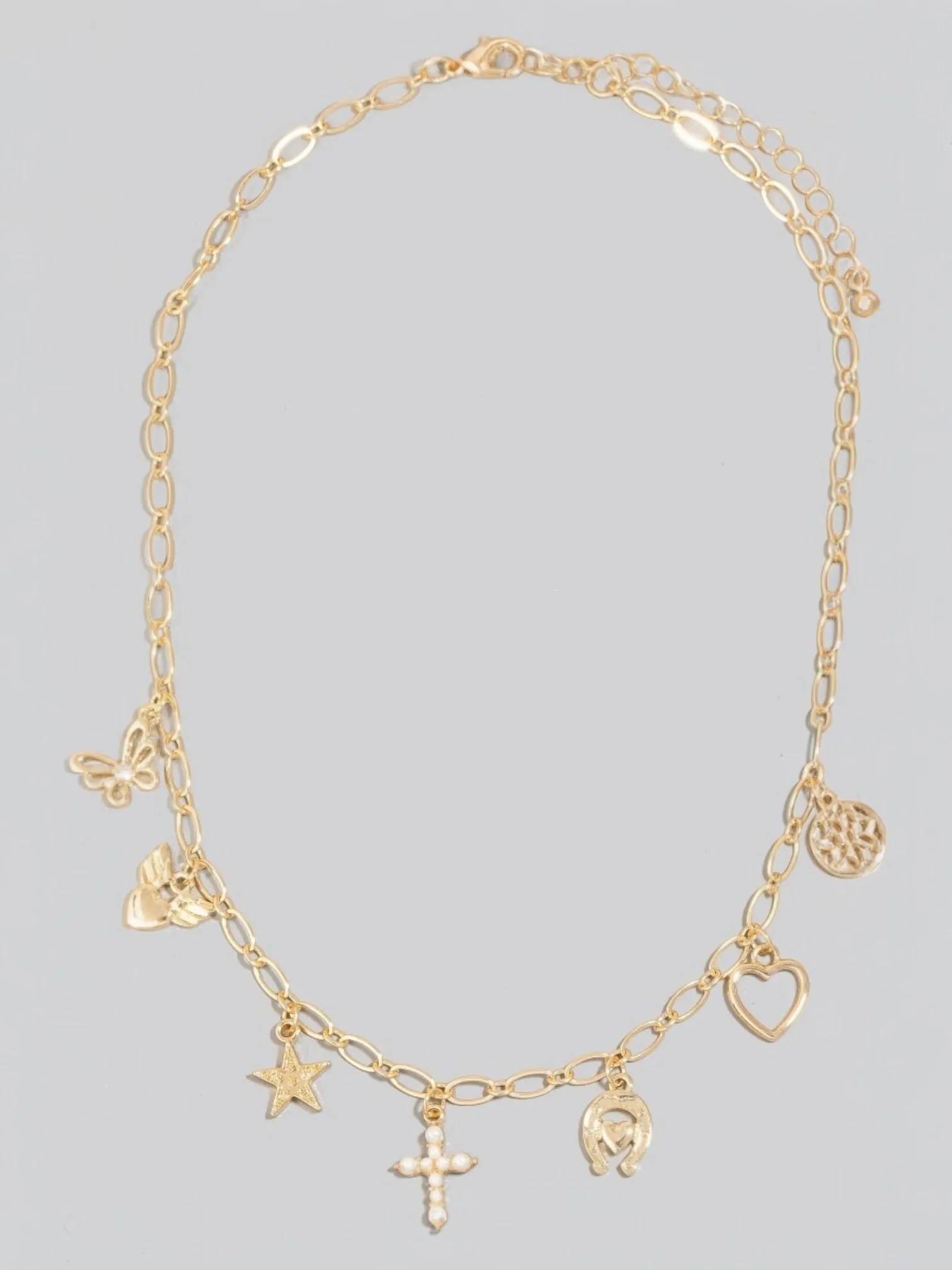 Star Cross And Heart Charms Chain Necklace