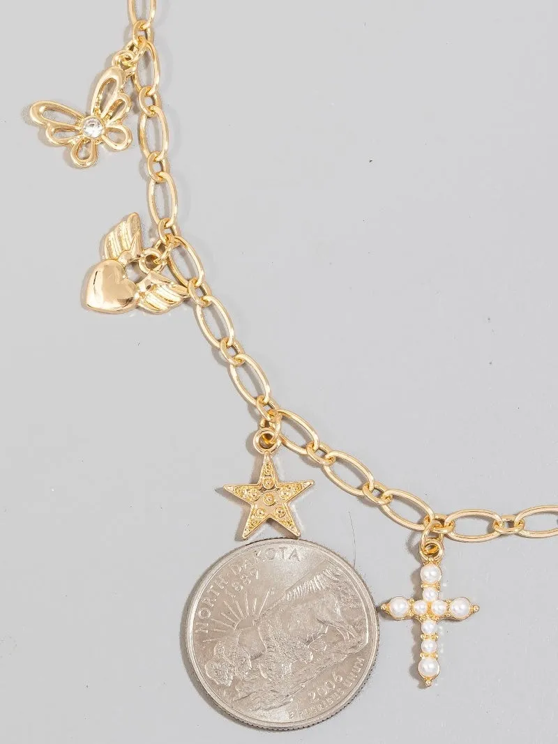 Star Cross And Heart Charms Chain Necklace