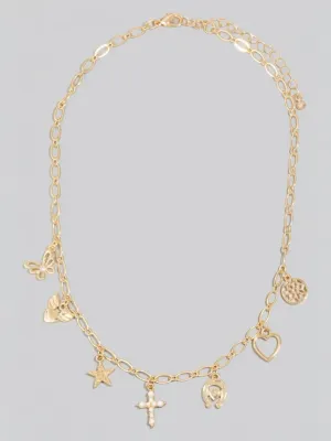 Star Cross And Heart Charms Chain Necklace