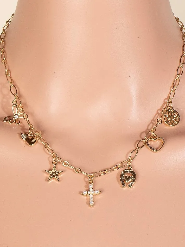 Star Cross And Heart Charms Chain Necklace