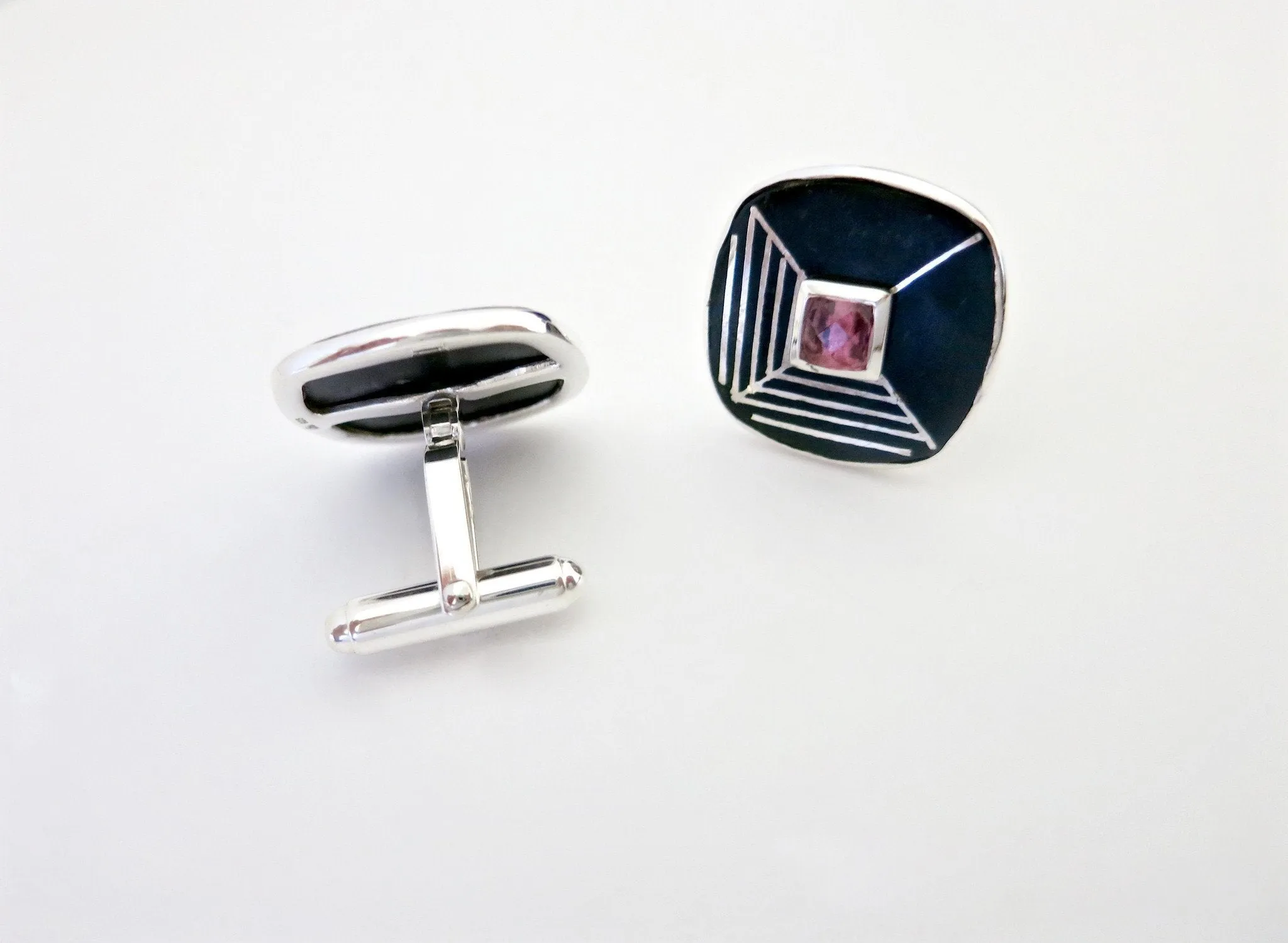 Statement, square, Bidri cufflinks with faceted stone center