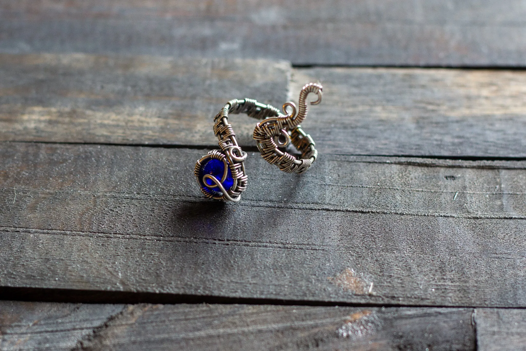 Sterling Silver Adjustable Ring with Deep Blue Transparent Fused Glass Accent