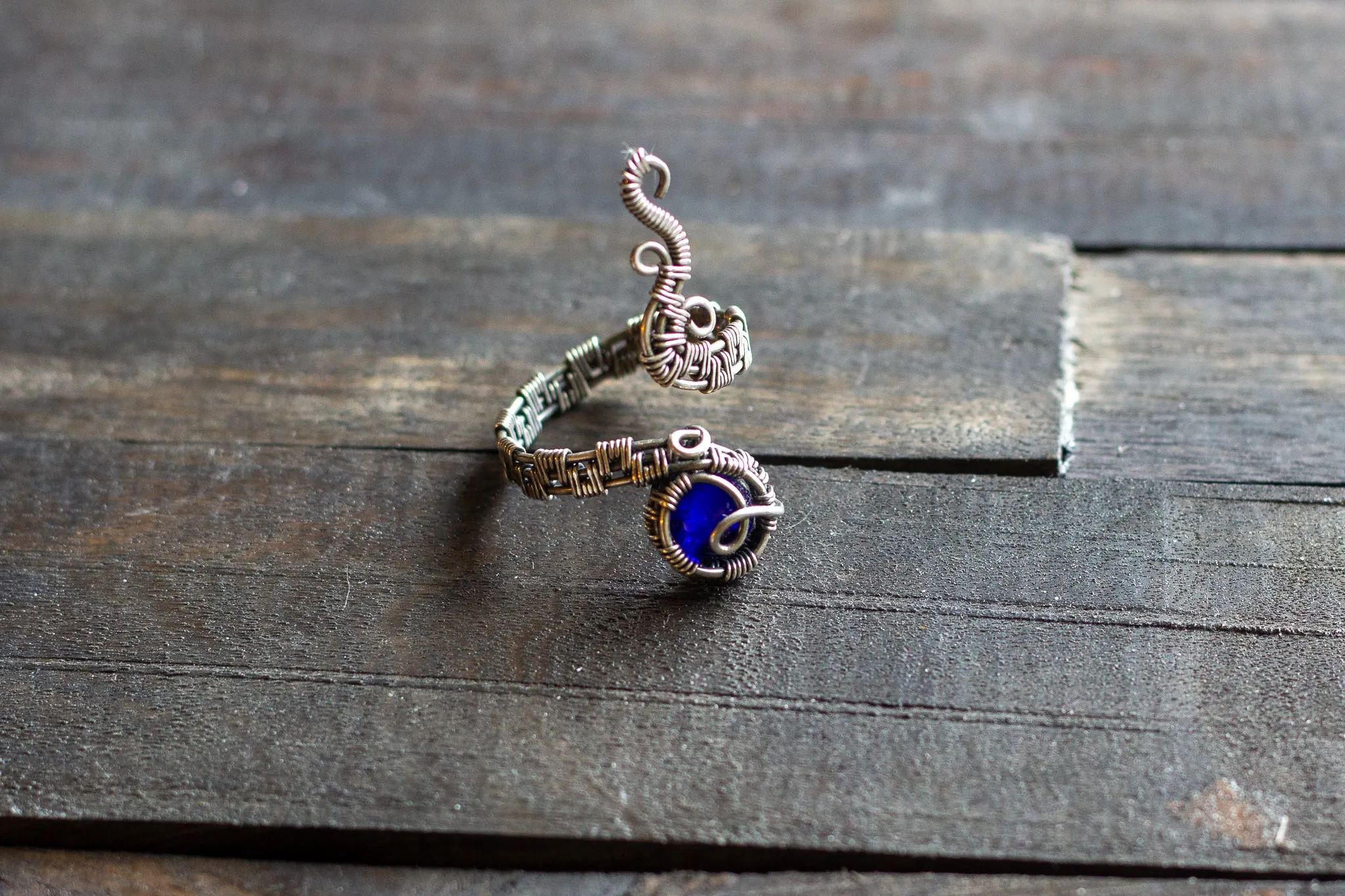 Sterling Silver Adjustable Ring with Deep Blue Transparent Fused Glass Accent