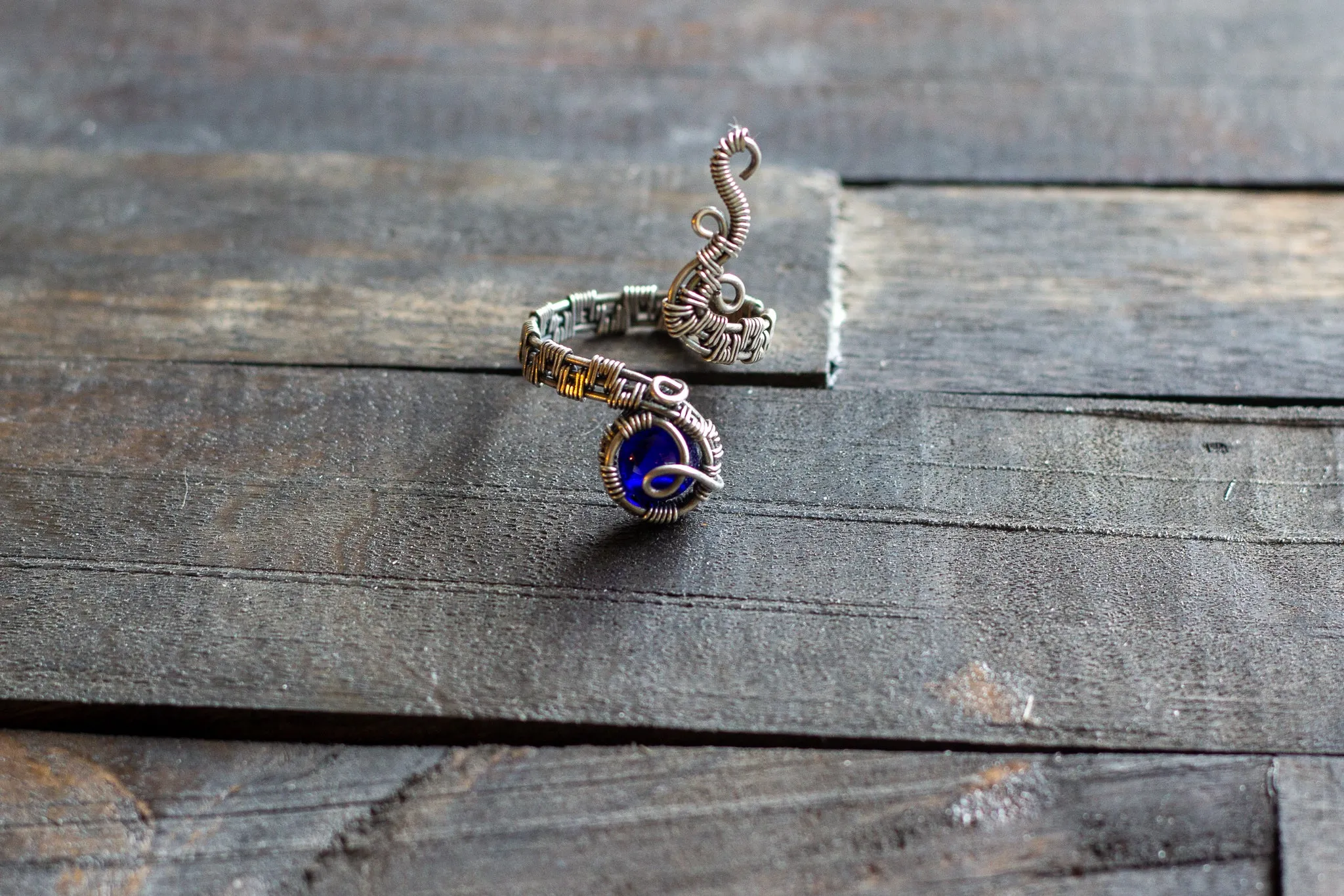Sterling Silver Adjustable Ring with Deep Blue Transparent Fused Glass Accent