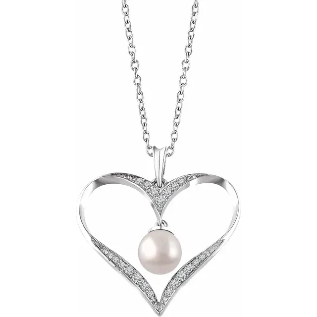 Sterling Silver Freshwater Cultured Pearl & 1/6 CTW Diamond Heart 16-18" Necklace