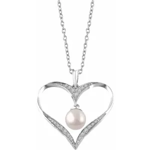 Sterling Silver Freshwater Cultured Pearl & 1/6 CTW Diamond Heart 16-18" Necklace
