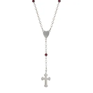 Sterling Silver Heart and Cross Rosary Necklace on Garnet Chain
