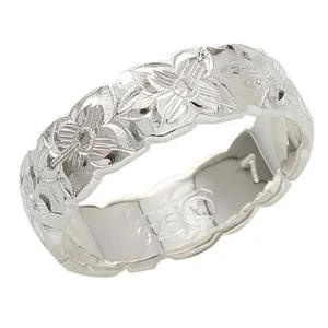 Sterling Silver Plumeria Engraved Ring 6mm