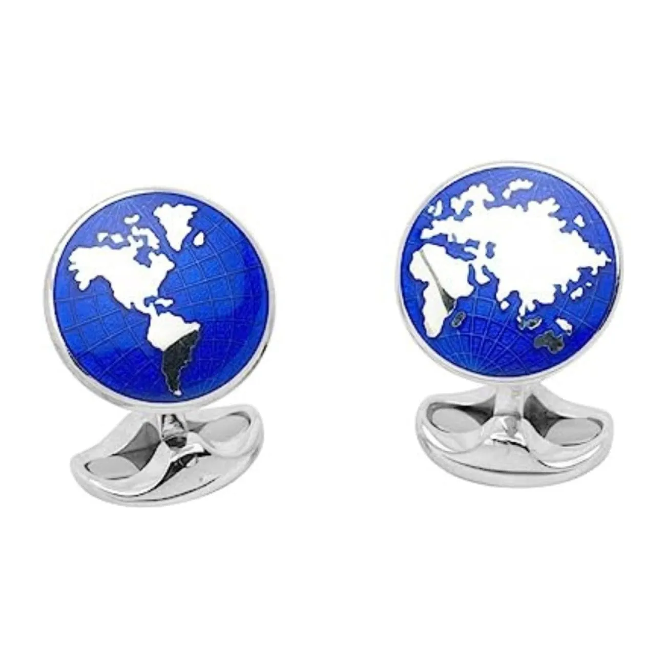 Sterling Silver Round Blue Enamel World Cufflinks