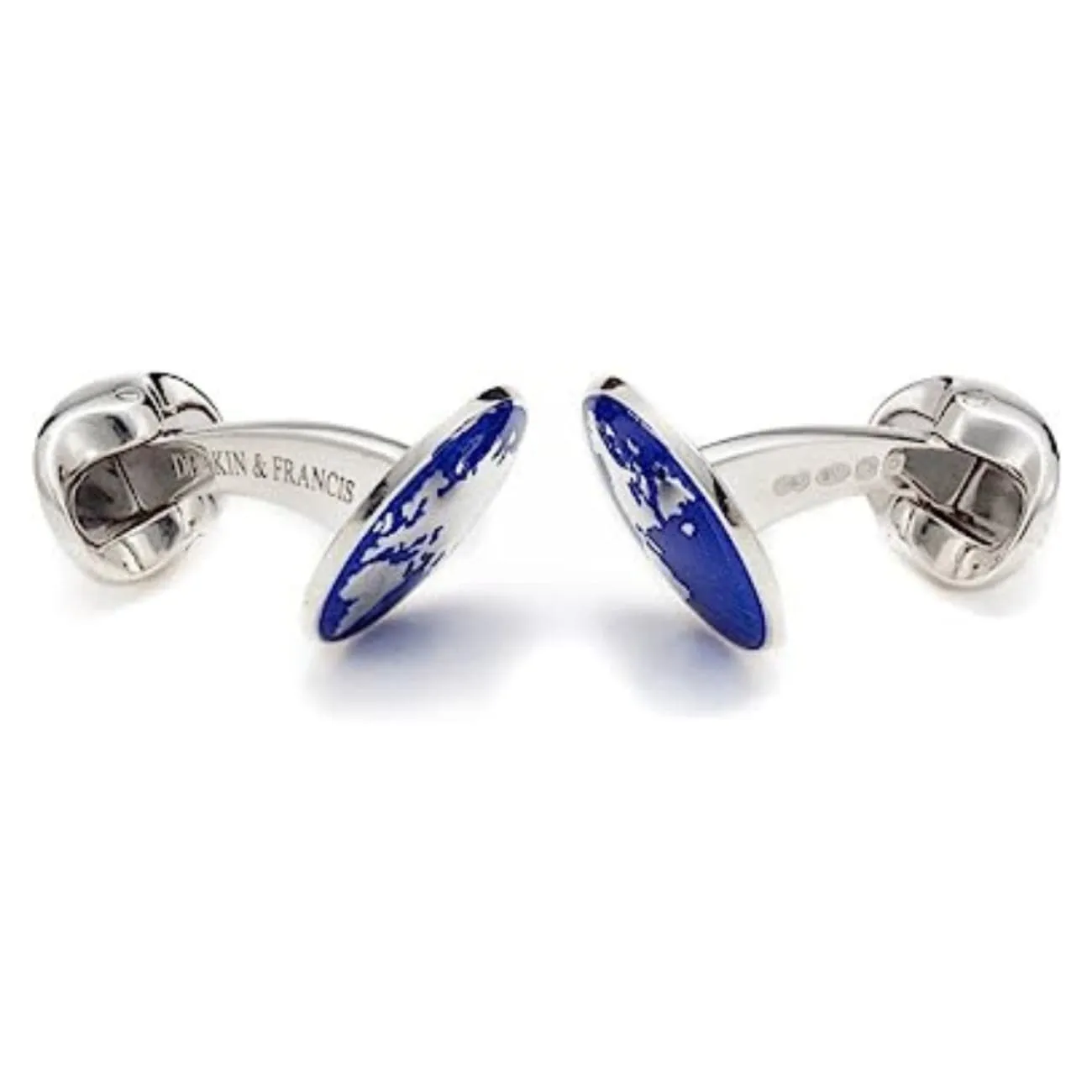 Sterling Silver Round Blue Enamel World Cufflinks
