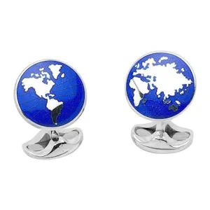Sterling Silver Round Blue Enamel World Cufflinks