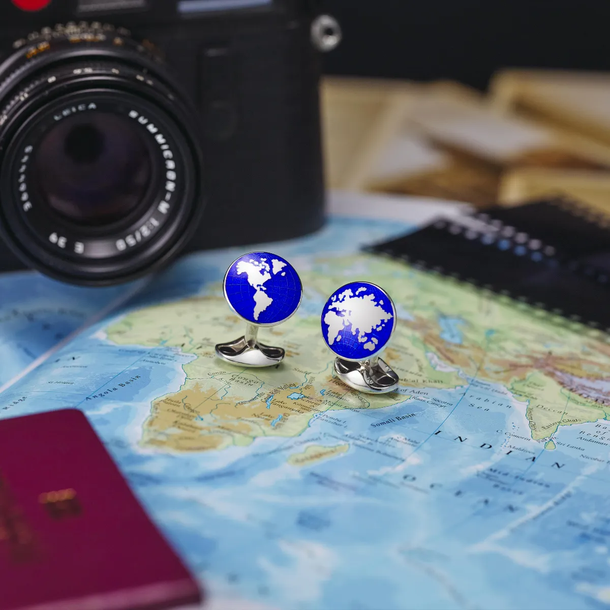 Sterling Silver Round Blue Enamel World Cufflinks