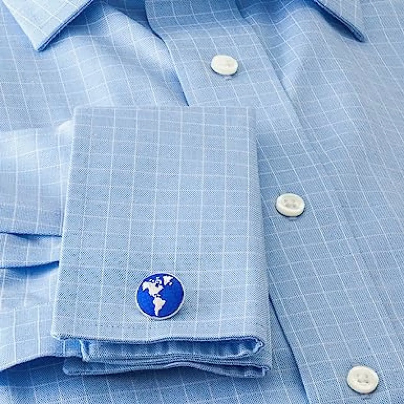 Sterling Silver Round Blue Enamel World Cufflinks