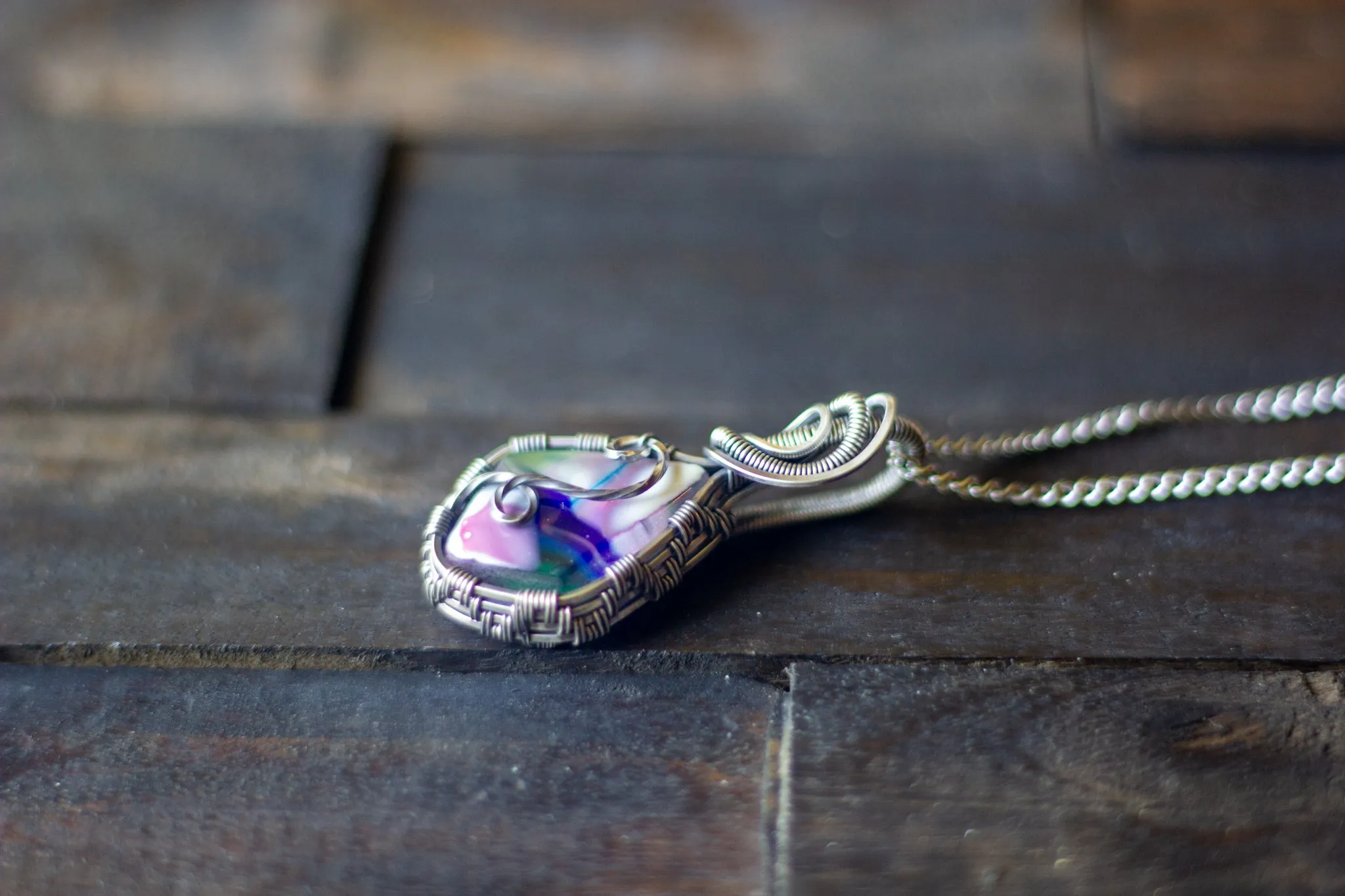 Sterling Silver Teardrop Pendant with Multicolored Fused Glass