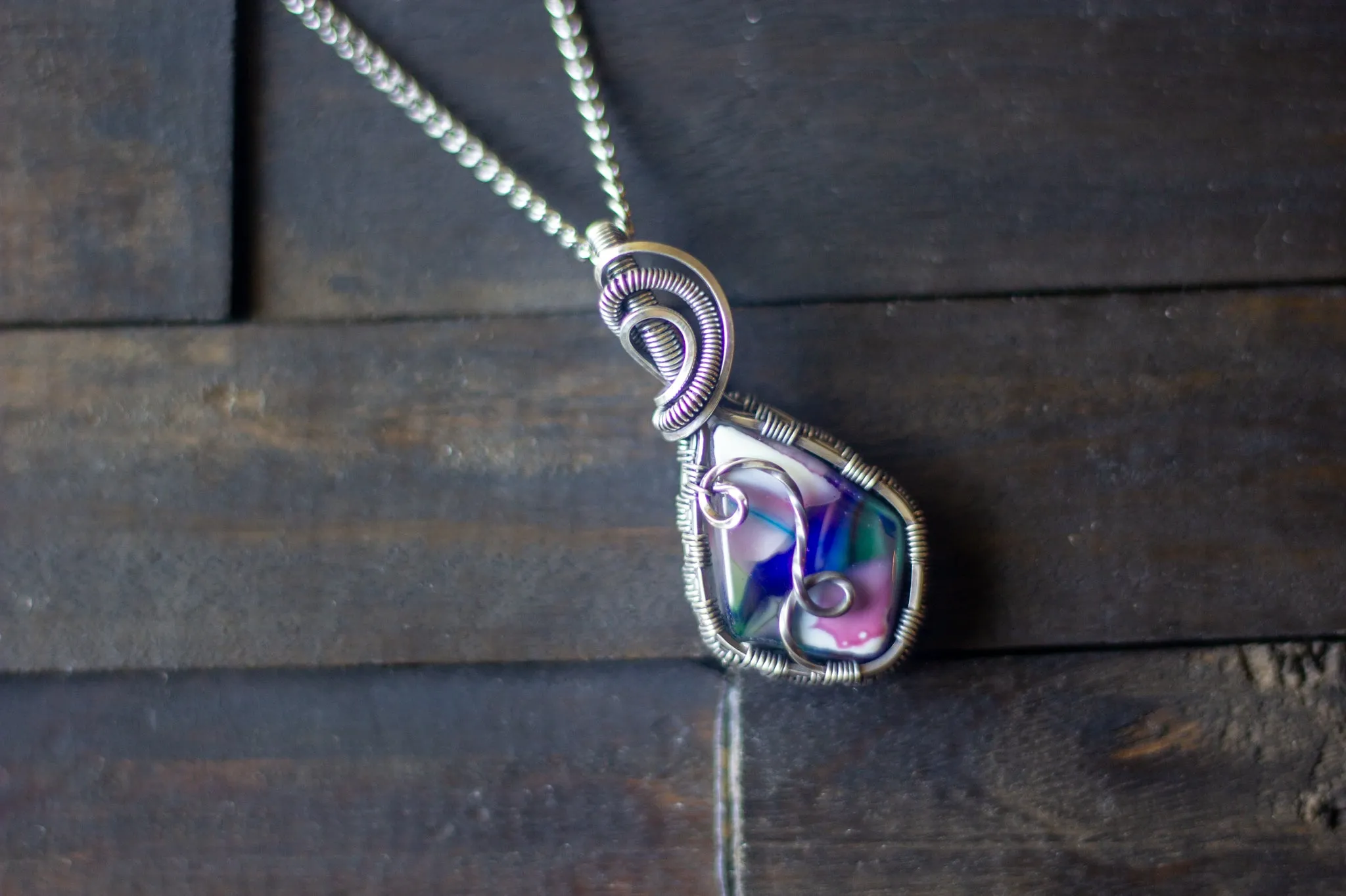 Sterling Silver Teardrop Pendant with Multicolored Fused Glass