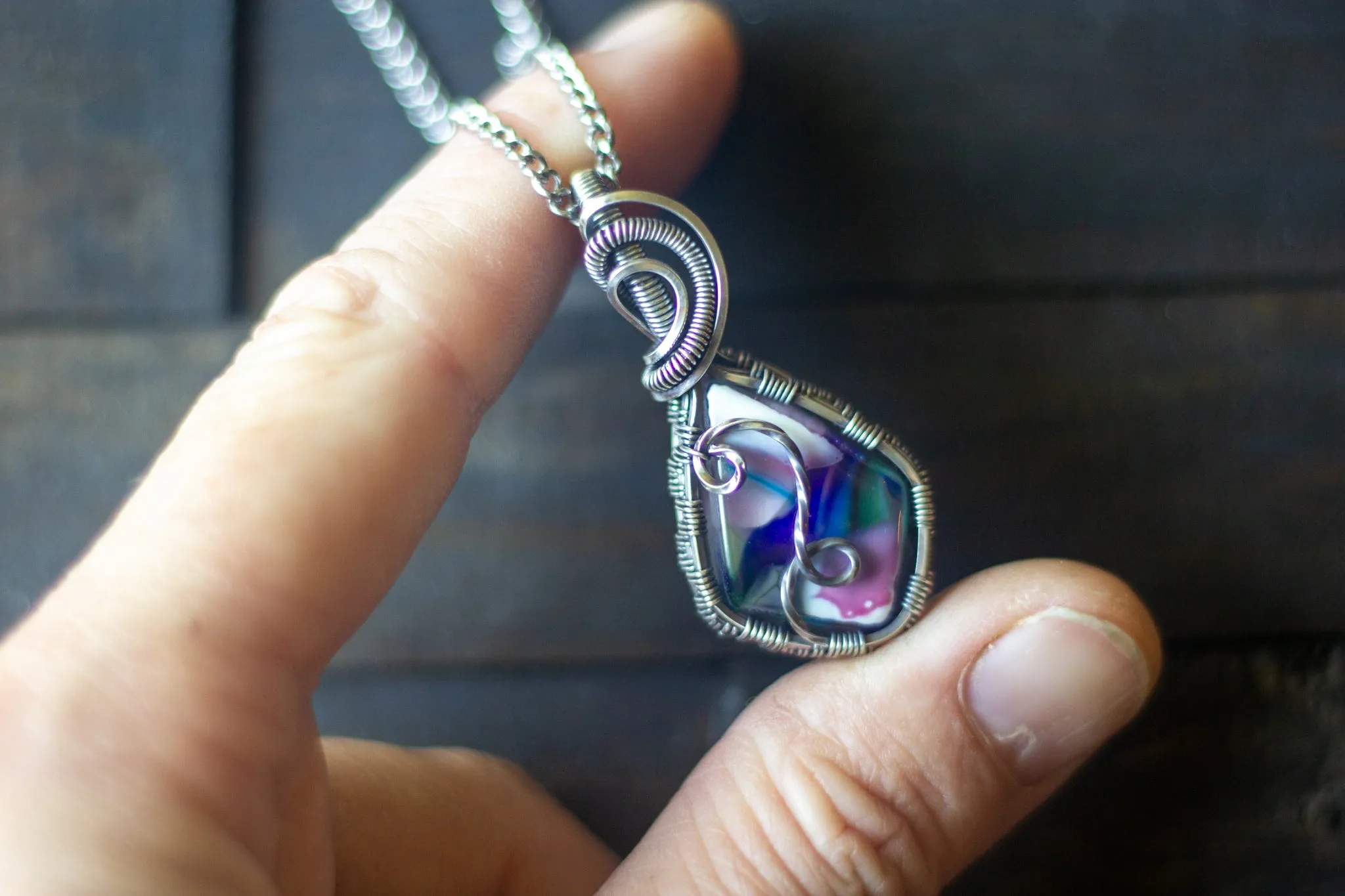Sterling Silver Teardrop Pendant with Multicolored Fused Glass