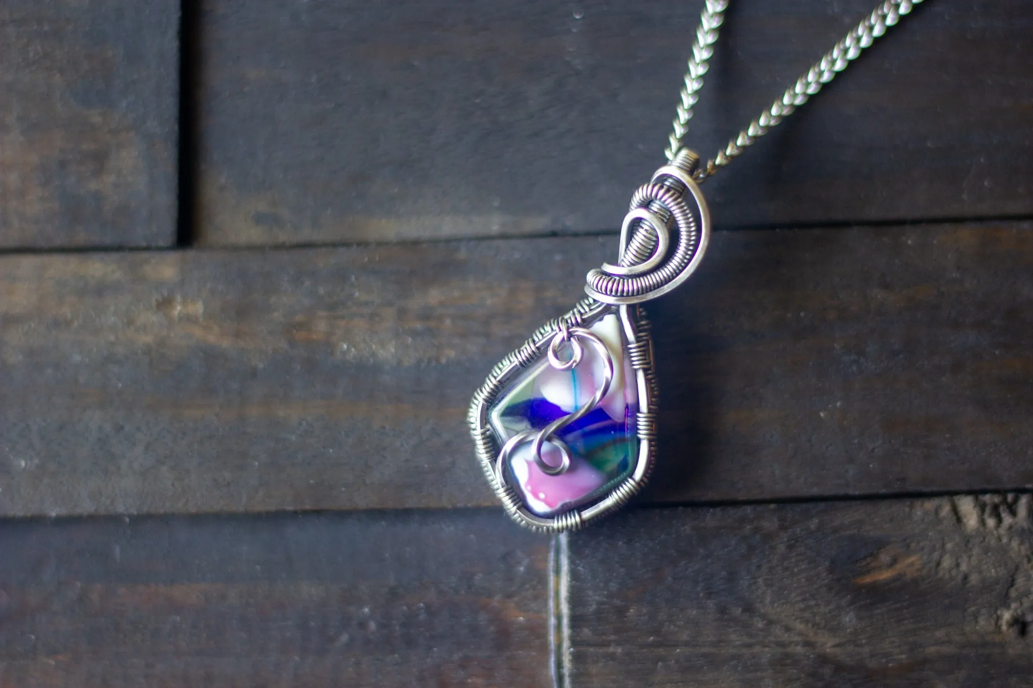 Sterling Silver Teardrop Pendant with Multicolored Fused Glass