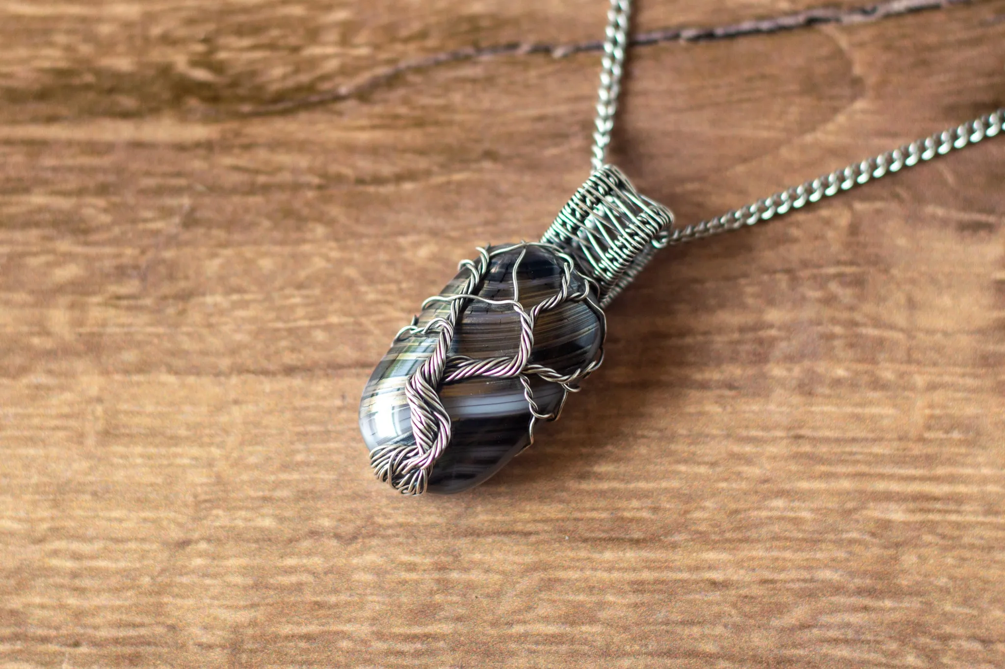 Sterling Silver Tree of Life Pendant with Streaked Grey Fused Glass