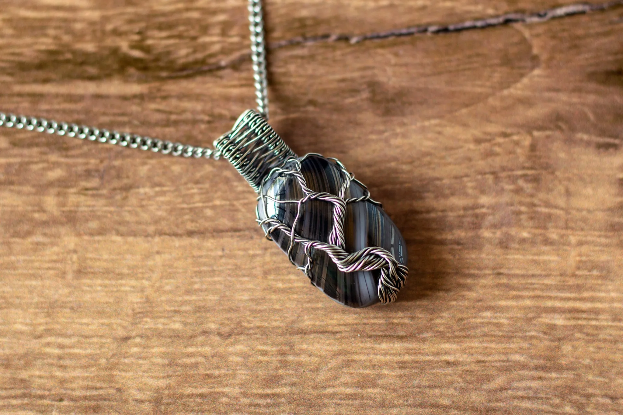 Sterling Silver Tree of Life Pendant with Streaked Grey Fused Glass