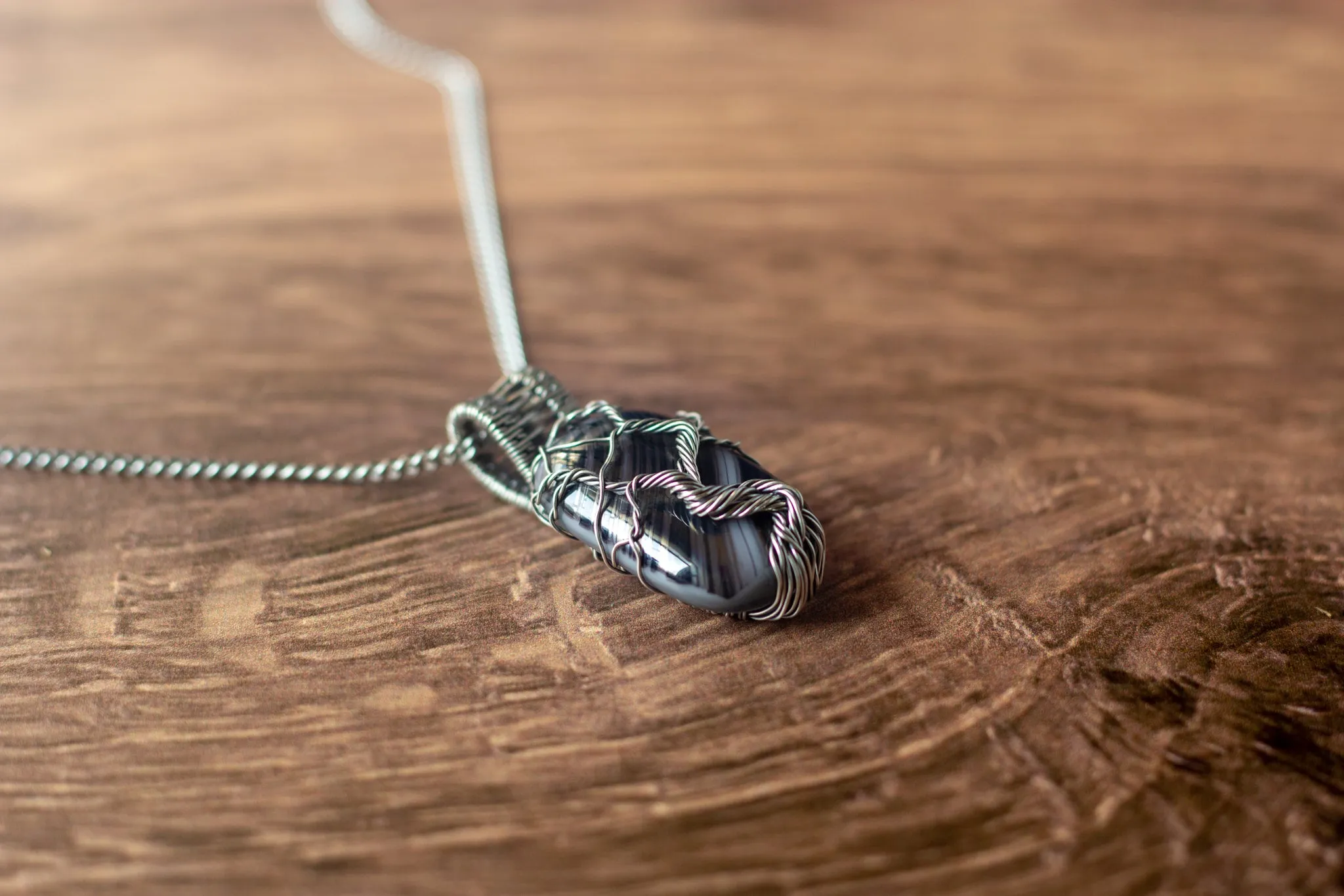 Sterling Silver Tree of Life Pendant with Streaked Grey Fused Glass