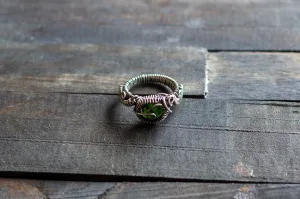 Sterling Silver Wire Wrapped Ring with Transparent Green Fused Glass Accent