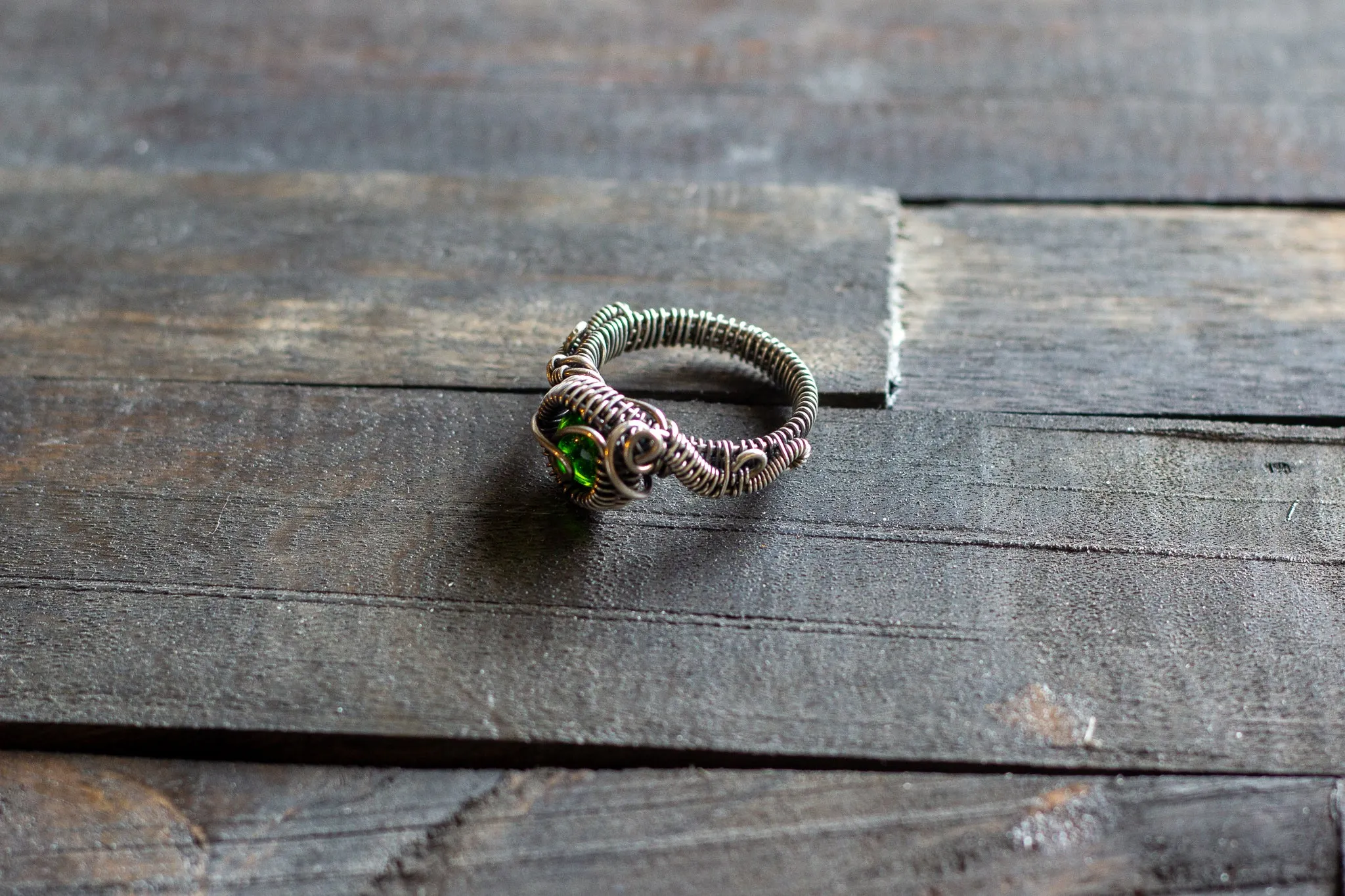Sterling Silver Wire Wrapped Ring with Transparent Green Fused Glass Accent