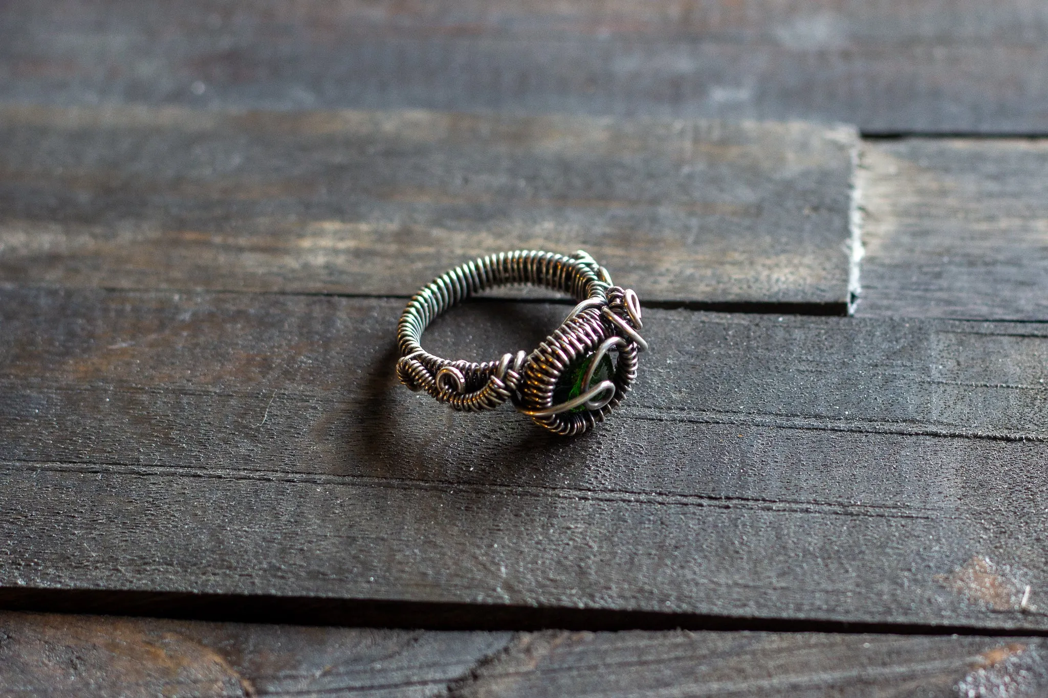 Sterling Silver Wire Wrapped Ring with Transparent Green Fused Glass Accent