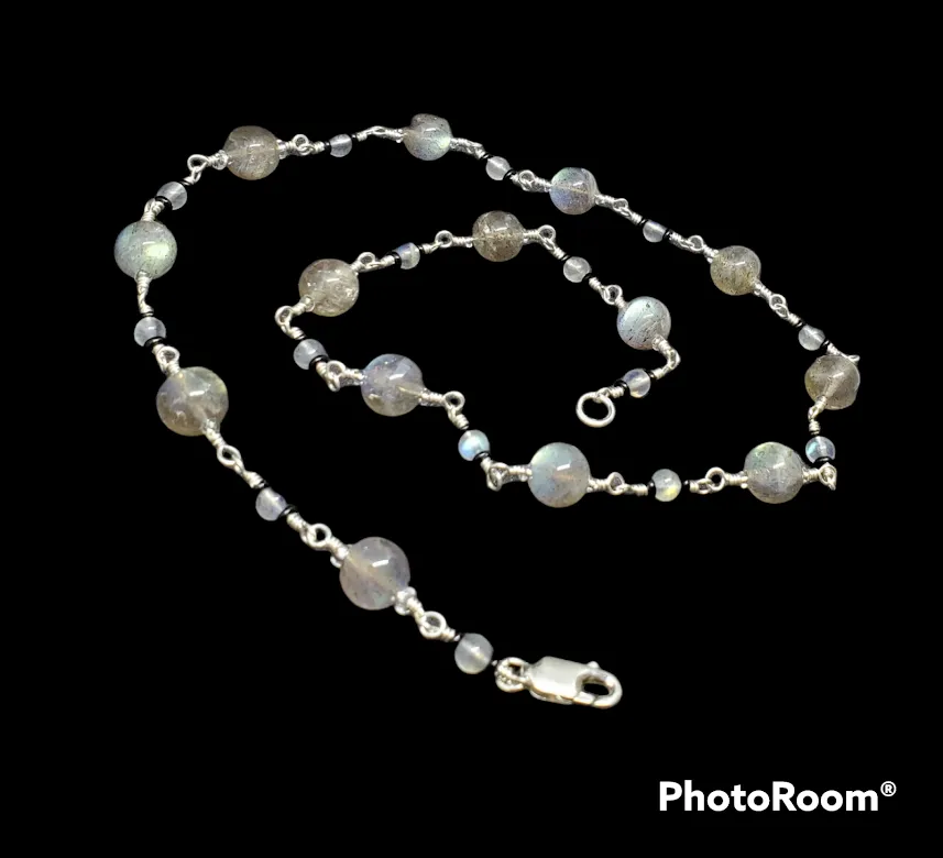 Sterling Silver wrapped chain Gemstone Beaded Necklace
