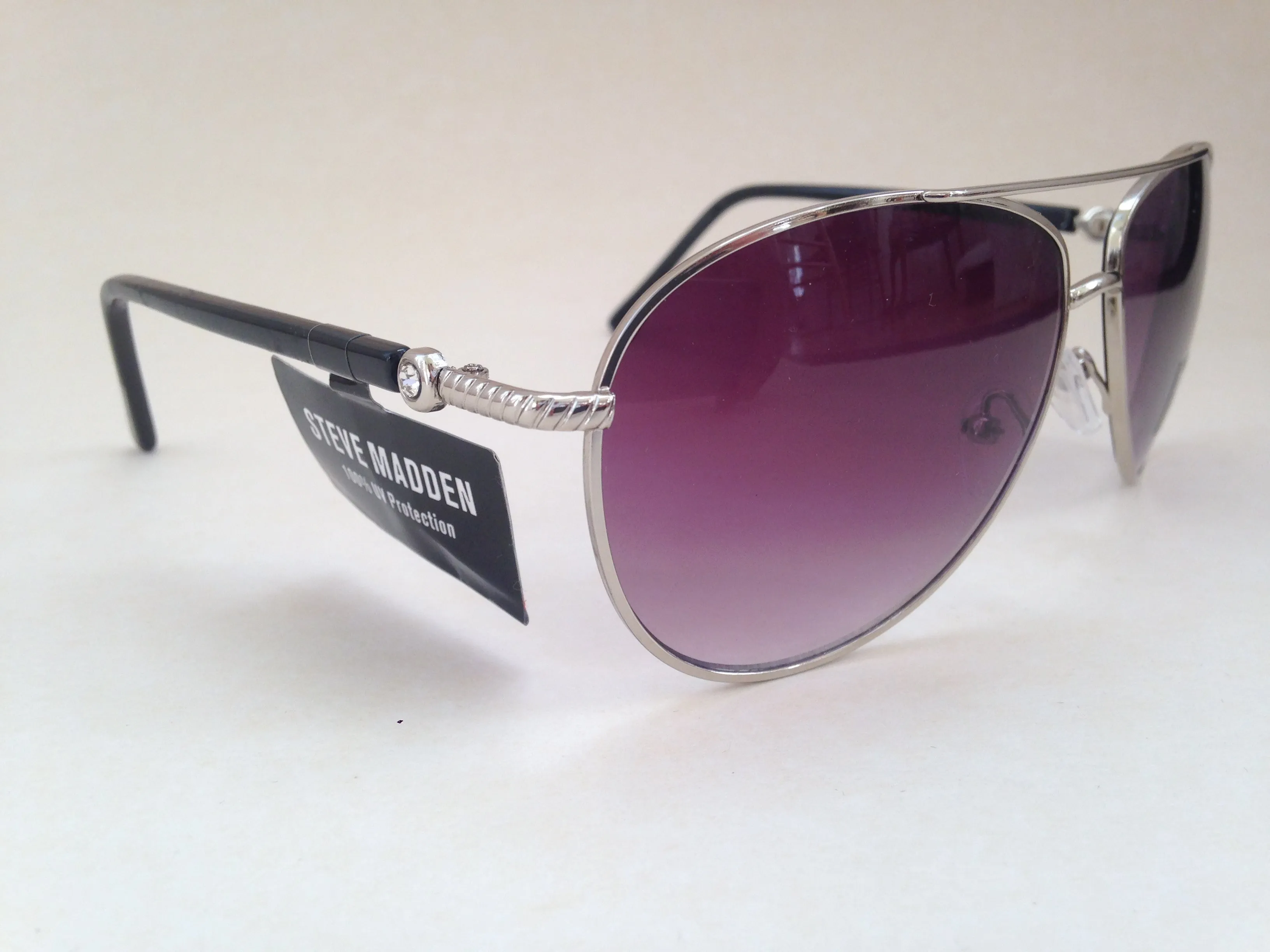 Steve Madden Aviator Sunglasses Black Silver Purple Gradient Rhinestone S5187 BLACK