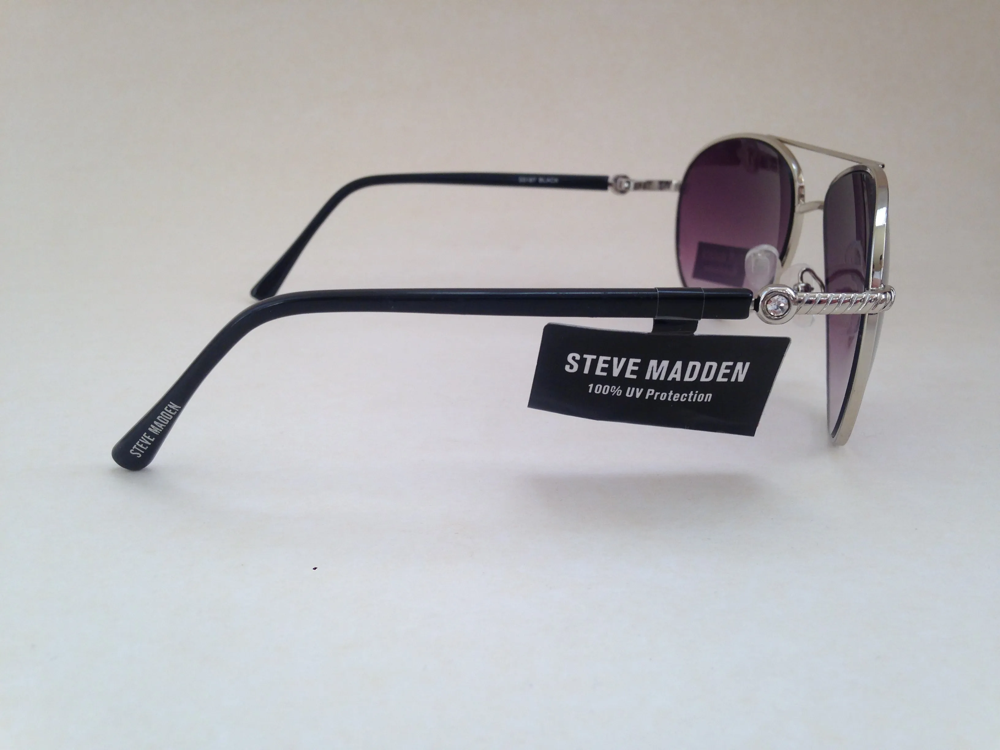 Steve Madden Aviator Sunglasses Black Silver Purple Gradient Rhinestone S5187 BLACK