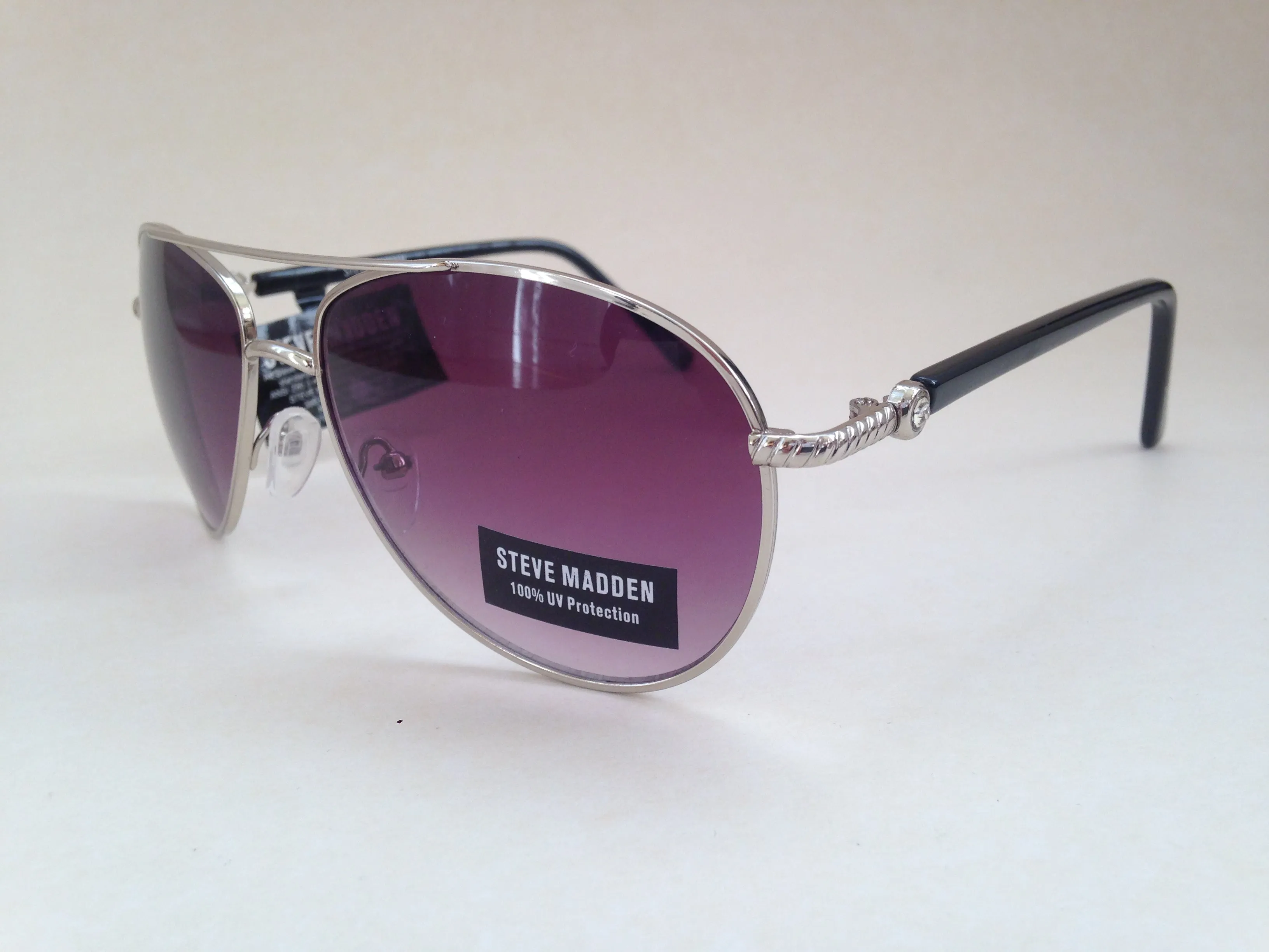 Steve Madden Aviator Sunglasses Black Silver Purple Gradient Rhinestone S5187 BLACK