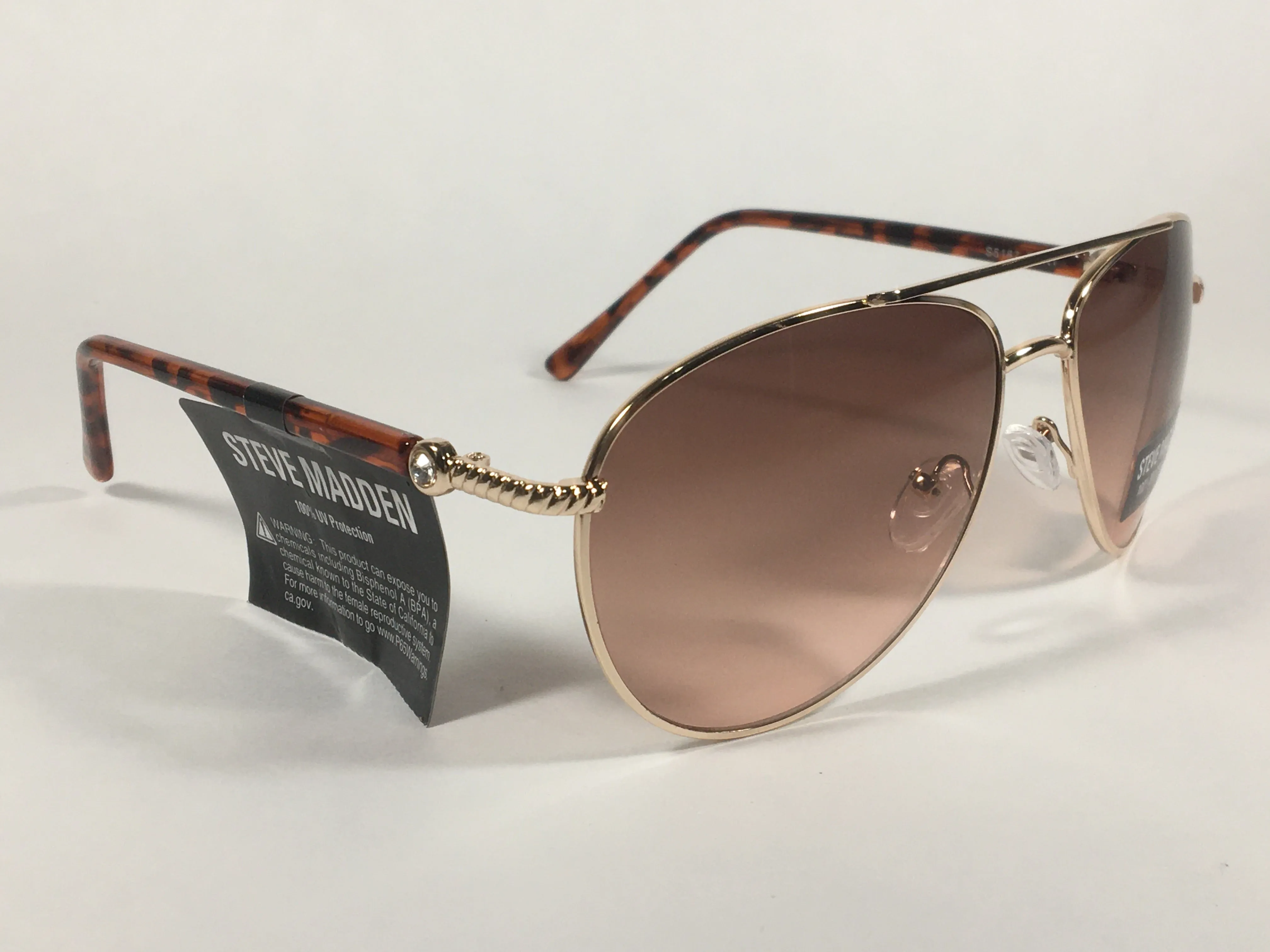 Steve Madden Aviator Sunglasses Brown Tortoise Gold Frame Brown Gradient Lens Rhinestone S5187 TORT