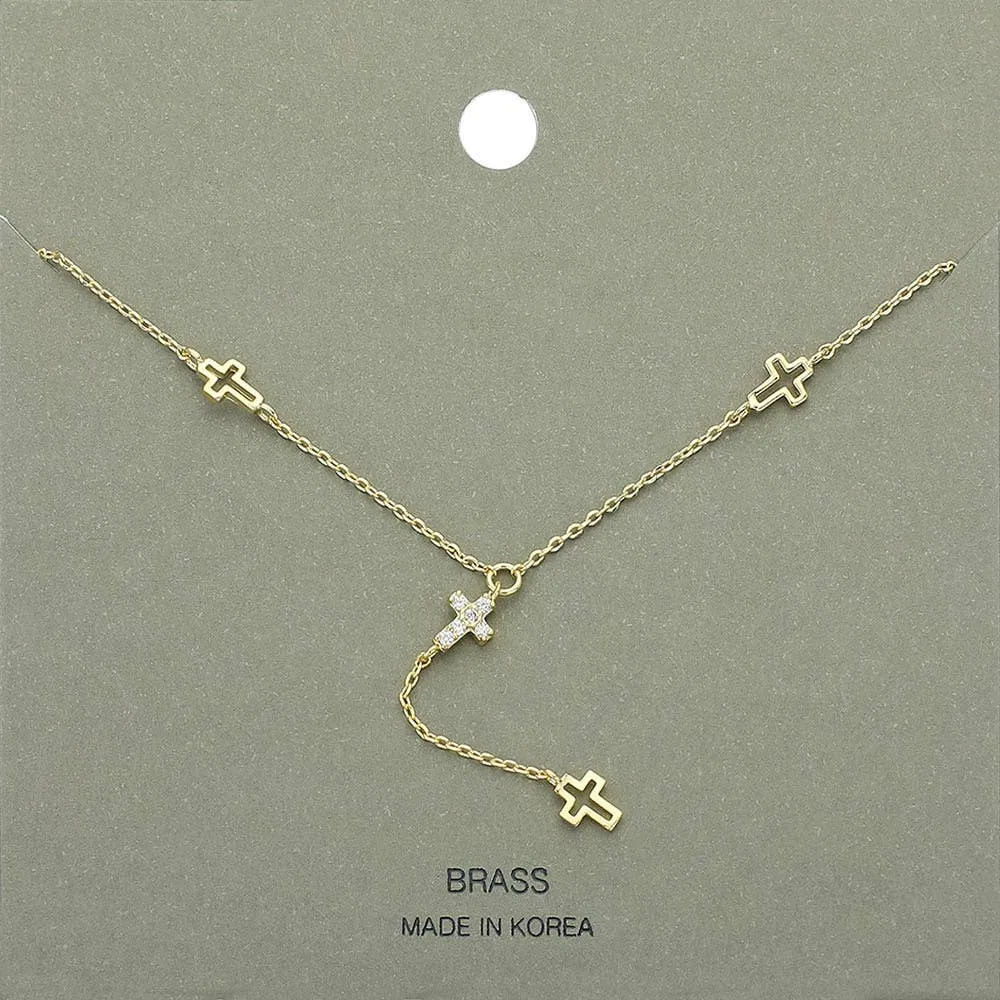 STONE PAVED CROSSS POINTED Y SHAPED NECKLACE (SILVER & GOLD)