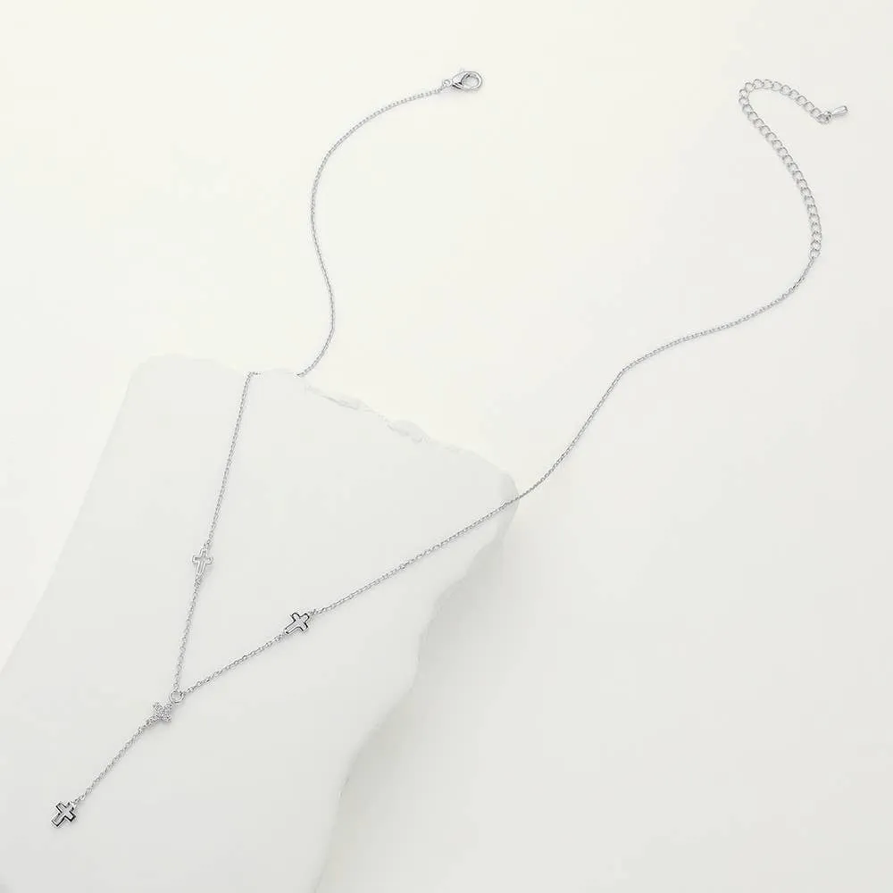 STONE PAVED CROSSS POINTED Y SHAPED NECKLACE (SILVER & GOLD)