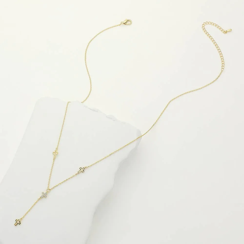 STONE PAVED CROSSS POINTED Y SHAPED NECKLACE (SILVER & GOLD)