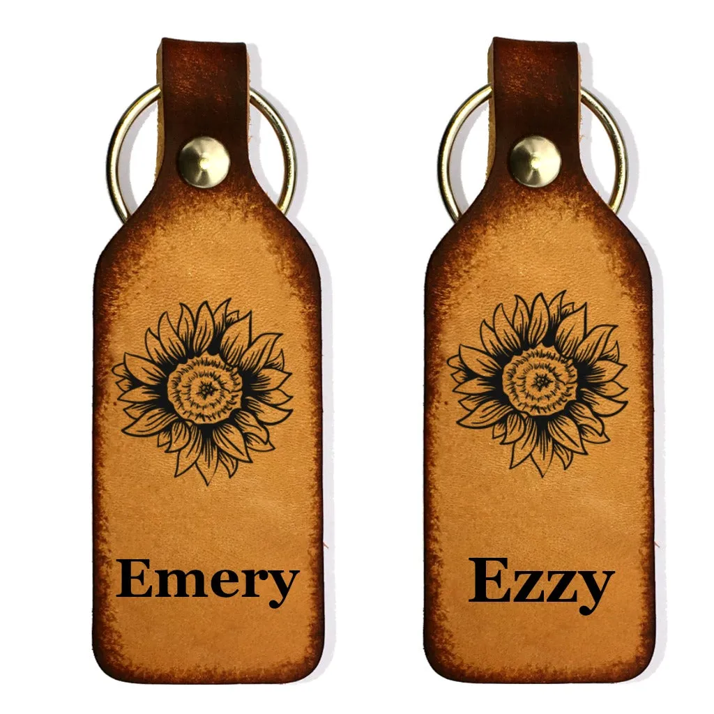 Sunflower with Name(s) Leather Keychain