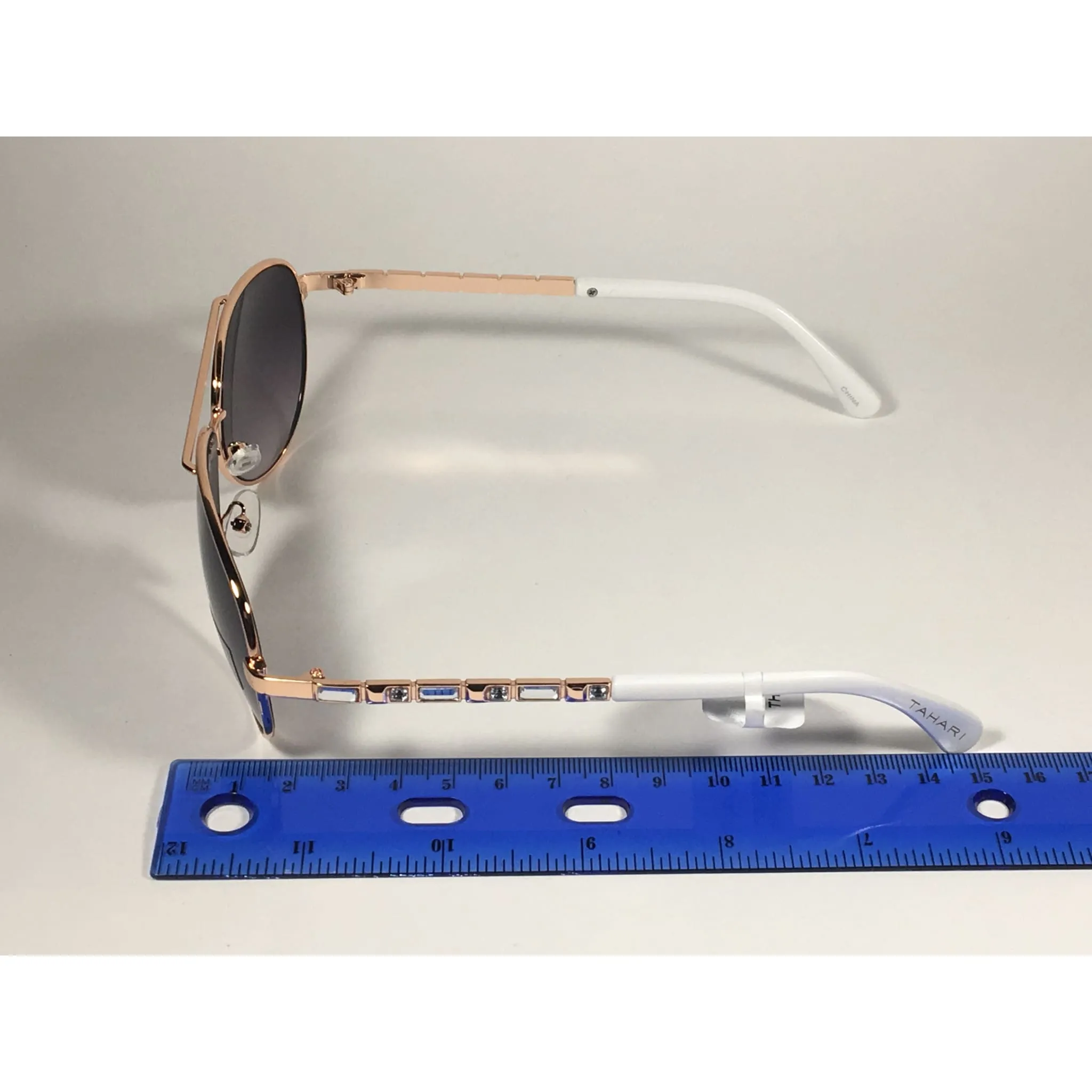 Tahari Aviator Pilot Sunglasses Rhinestone Jewels Rose Gold White Frame Smoke Gradient Lens TH737 RGDWH